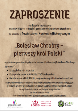ZSTiB zaprasza do udziału w Powiatowym Konkursie Historycznym dla szkół podstawowych