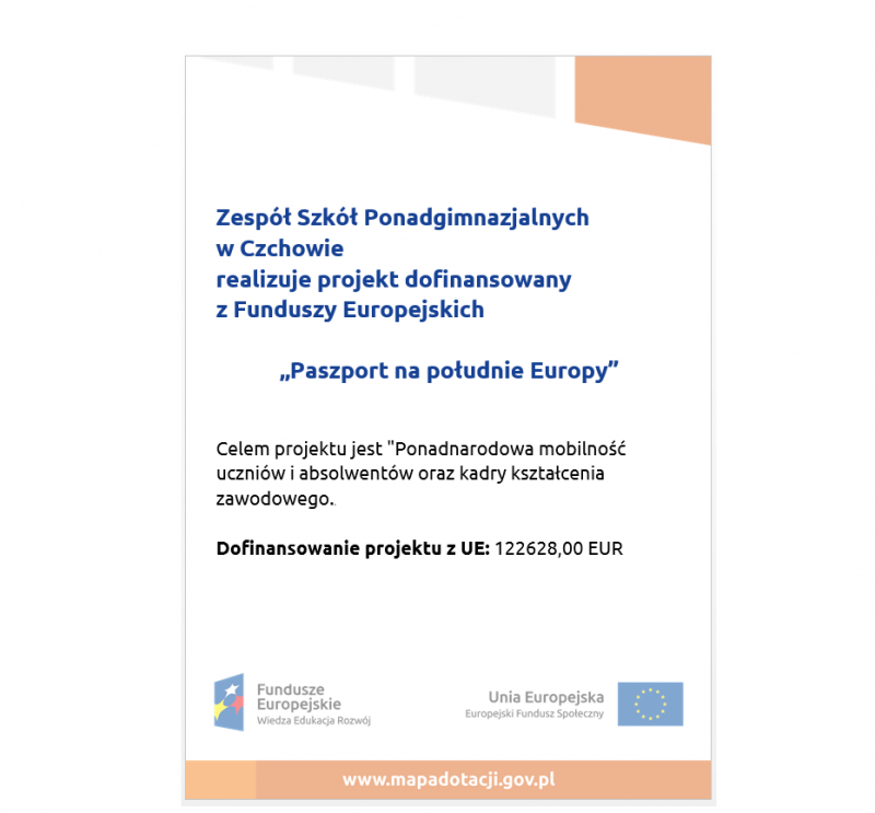 ZSP  w Czchowie realizuje projekt „Paszport na południe Europy”